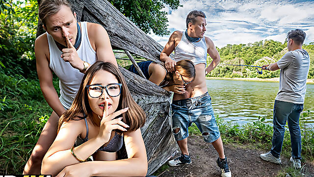 Watch Summer Fishing's girlfriend and lover get their pussies licked and creamed by a stranger while she's away