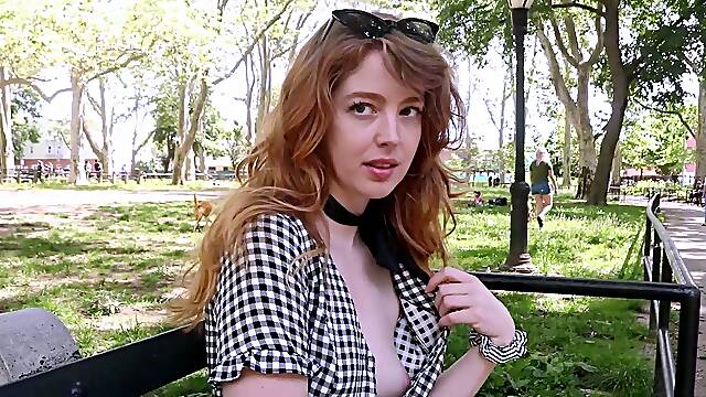 Amateur redhead Jacqueline with glasses masturbates