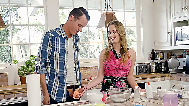 Daisy Stone gives nice handjob to her stepbro in the kitchen