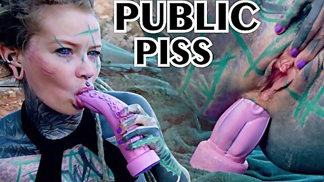 TATTOO teen PUBLIC ANAL masturbation and PISS - toy pee alternative ATM gape goth punk alt porn