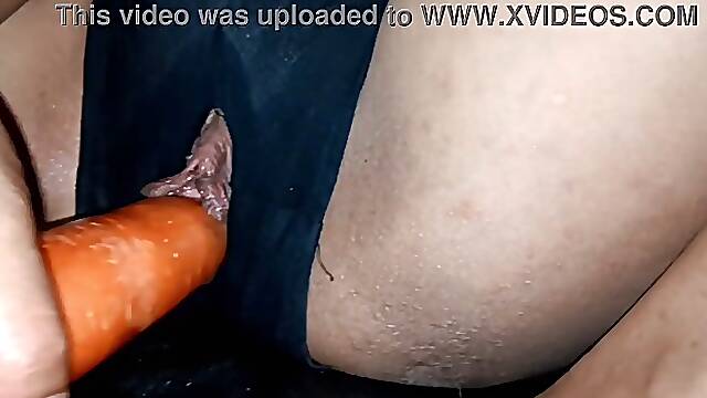 Amateur Latina gets her twat stuffed with carrot, beer bottle, cucumber, dildo and real dick #4