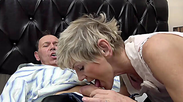 Granny teaches naughty redhead to suck grandpa
