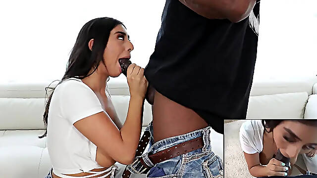 Ebony babe and Brunette porn star share big black cock