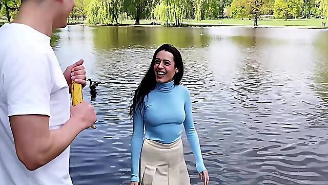 Matt & Charlie's wild night with the sexy Brunette in a skimpy miniskirt