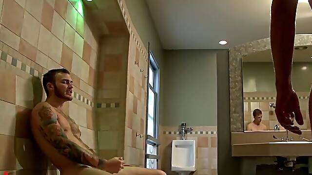 Muscular stud Connor Patricks gets gang fucked glory hole facial at sex club with Christian Wilde