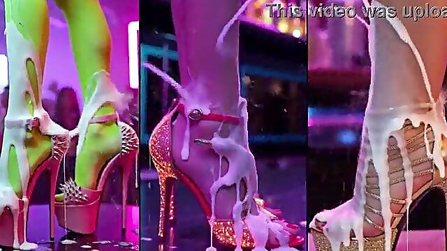 Dancing hotties get a lot of cream on their legs, feet, shoes and high-heels