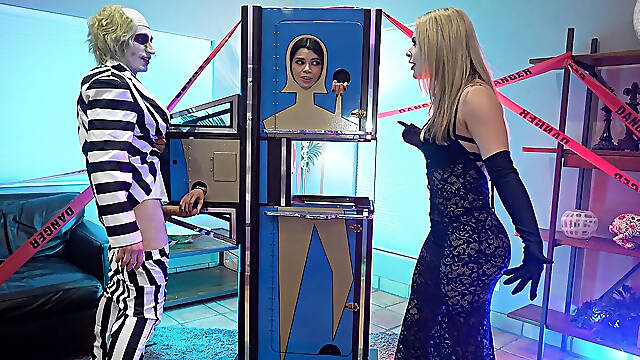 Cosplay Trio - Bettlejuice, Wednesday Addams and Her Large Breasts Stepmom