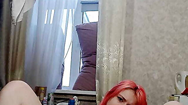 Beautiful homemade striptease in a red dress, masturbation with a toy and orgasm