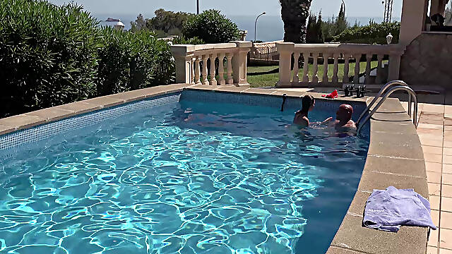 Insatiable MILF Rides Her Lover in the Pool